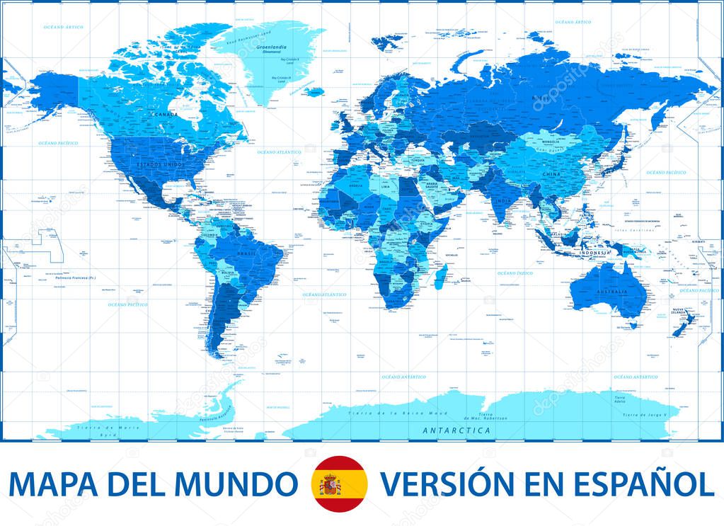 World Map Color Political - Spanish Language Version - Vector Illustration