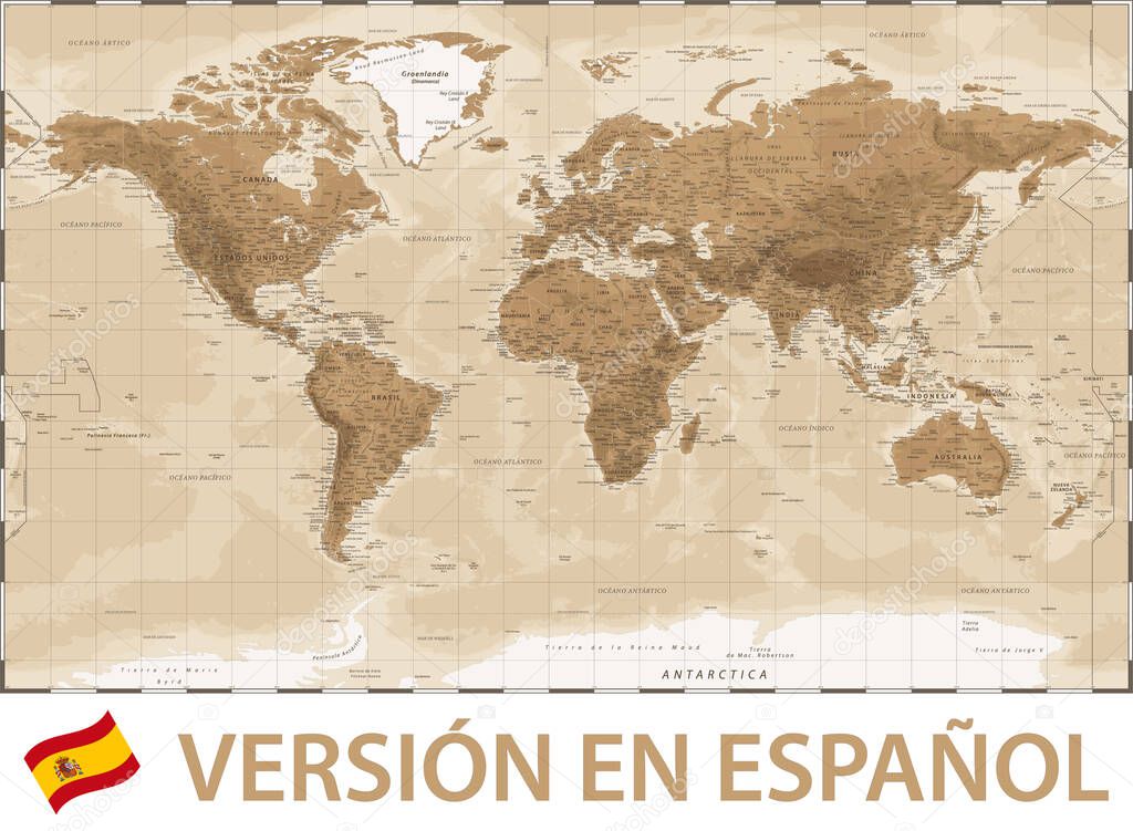 World Map Color Political - Spanish Language Version - Vector Illustration