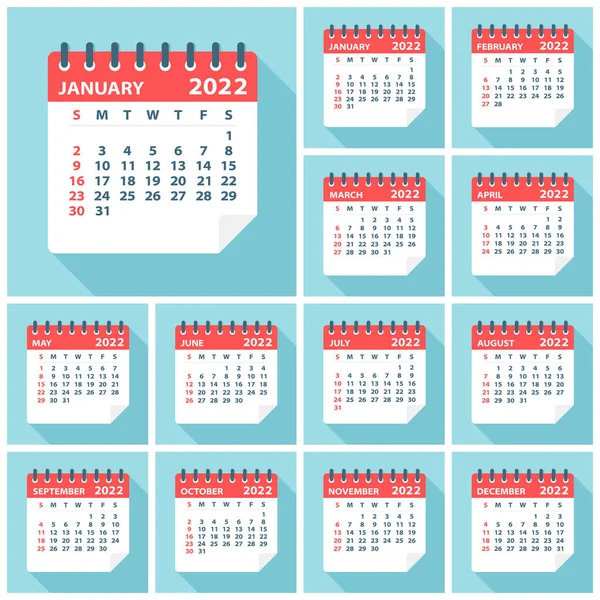 Календарь 2022 Года Оставляет Плоский Набор Озил Месяцы — стоковый вектор