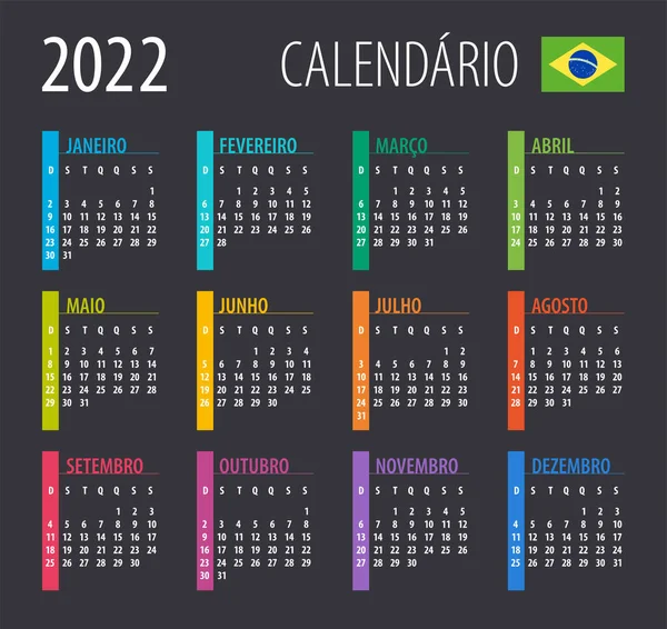 2022 Kalendář Ilustrace Šablona Falešná Brazilská Verze — Stockový vektor