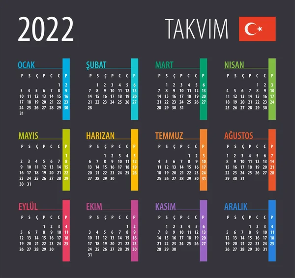 2022 Takvim Illüstrasyon Şablon Türkçe Sürümünü Düzenle — Stok Vektör