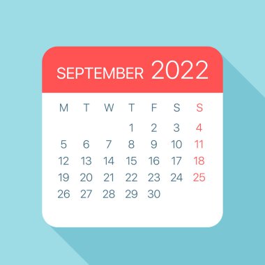 Eylül 2022 Yaprak Takvimi - Çizim. Vektör grafik sayfası