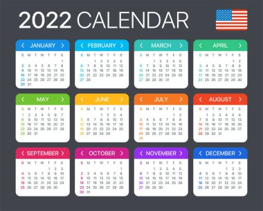 Renk 2022 takviminin vektör şablonu - İngilizce Amerikan sürümü