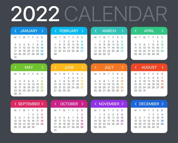 Calendario 2022 Lunes Domingo Plantilla Vectorial — Archivo Imágenes Vectoriales
