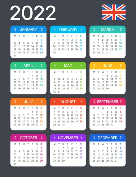 Vector Template Color 2022 Calendar English Version — стоковий вектор