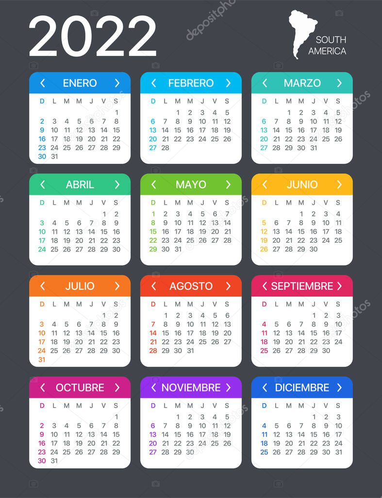 2022 calendar - Spanish South Latin American Version - Vector Template