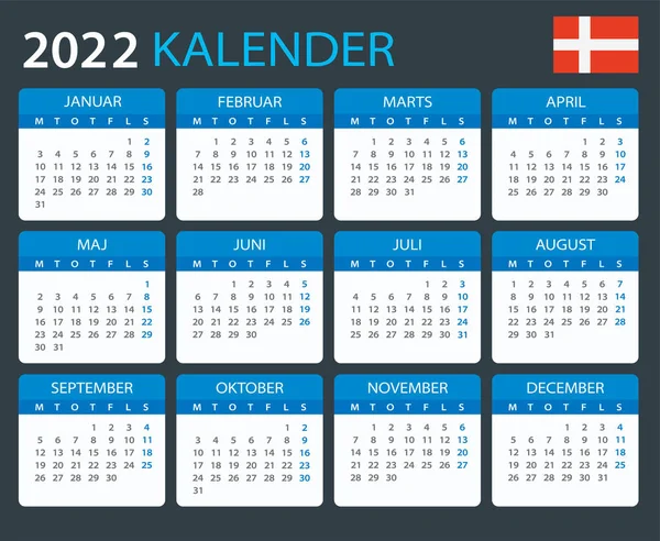 Vektorová Šablona Barevného Kalendáře 2022 Dánská Verze — Stockový vektor