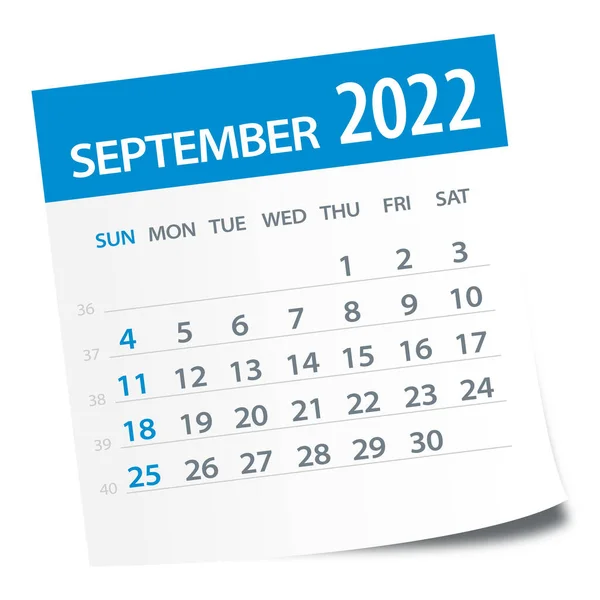 Septembrie 2022 Calendar Leaf Ilustrație Pagina Grafică Vectorială — Vector de stoc