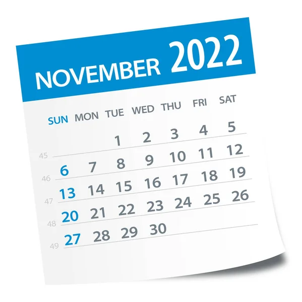 Noiembrie 2022 Calendar Leaf Ilustrație Pagina Grafică Vectorială — Vector de stoc