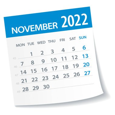 Kasım 2022 Yaprak Takvimi - Resim. Vektör grafik sayfası