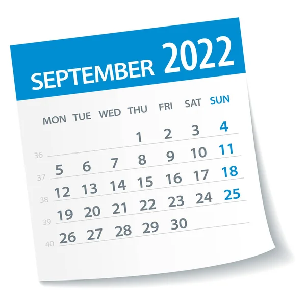 September 2022 Calendar Leaf Illustration Vector Graphic Page — Stock Vector