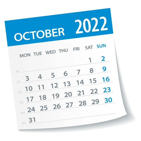 Octombrie 2022 Calendar Leaf Ilustrație Pagina Grafică Vectorială — Vector de stoc