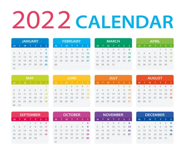 2022 Takviminin Renk Şablonu Pazartesiden Pazara — Stok Vektör