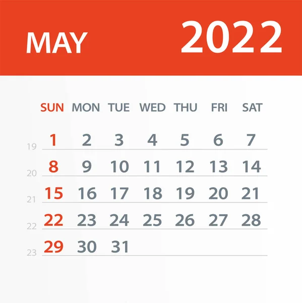 Maio 2022 Folha Calendário Ilustração Página Gráfica Vetorial — Vetor de Stock