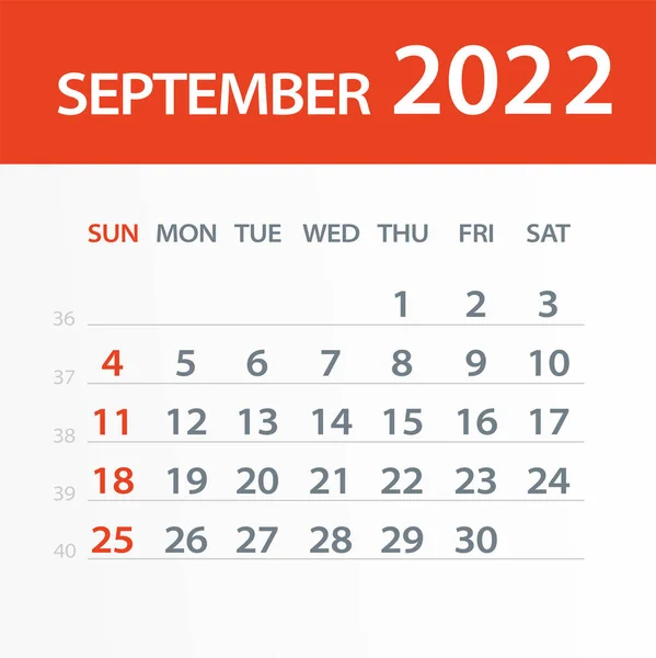 Septembrie 2022 Calendar Leaf Ilustrație Pagina Grafică Vectorială — Vector de stoc