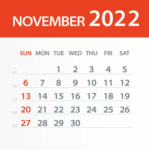 Noiembrie 2022 Calendar Leaf Ilustrație Pagina Grafică Vectorială — Vector de stoc