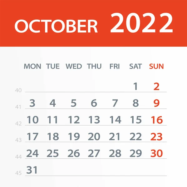 Octombrie 2022 Calendar Leaf Ilustrație Pagina Grafică Vectorială — Vector de stoc