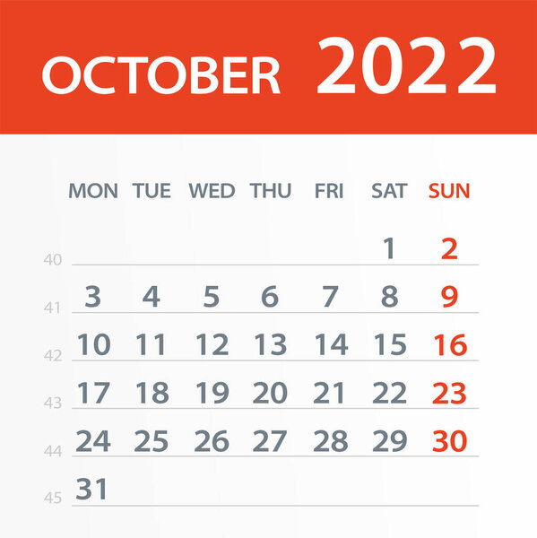 Октябрь 2022 Calendar Leaf - Иллюстрация. Векторная страница