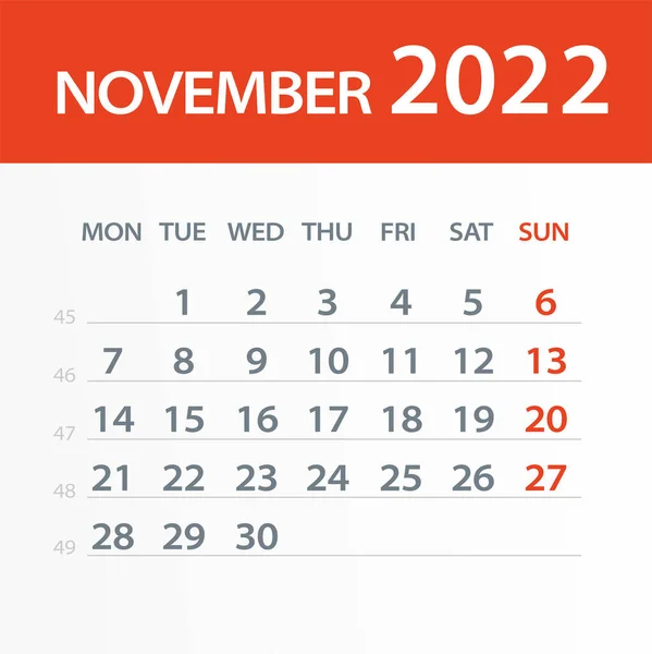 Noiembrie 2022 Calendar Leaf Ilustrație Pagina Grafică Vectorială — Vector de stoc