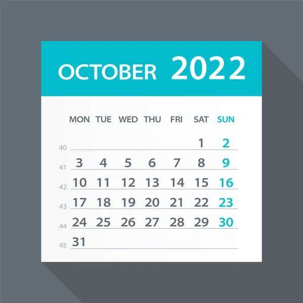 Octombrie 2022 Calendar Leaf Ilustrație Pagina Grafică Vectorială — Vector de stoc