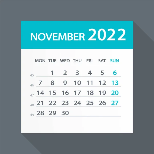 Noiembrie 2022 Calendar Leaf Ilustrație Pagina Grafică Vectorială — Vector de stoc