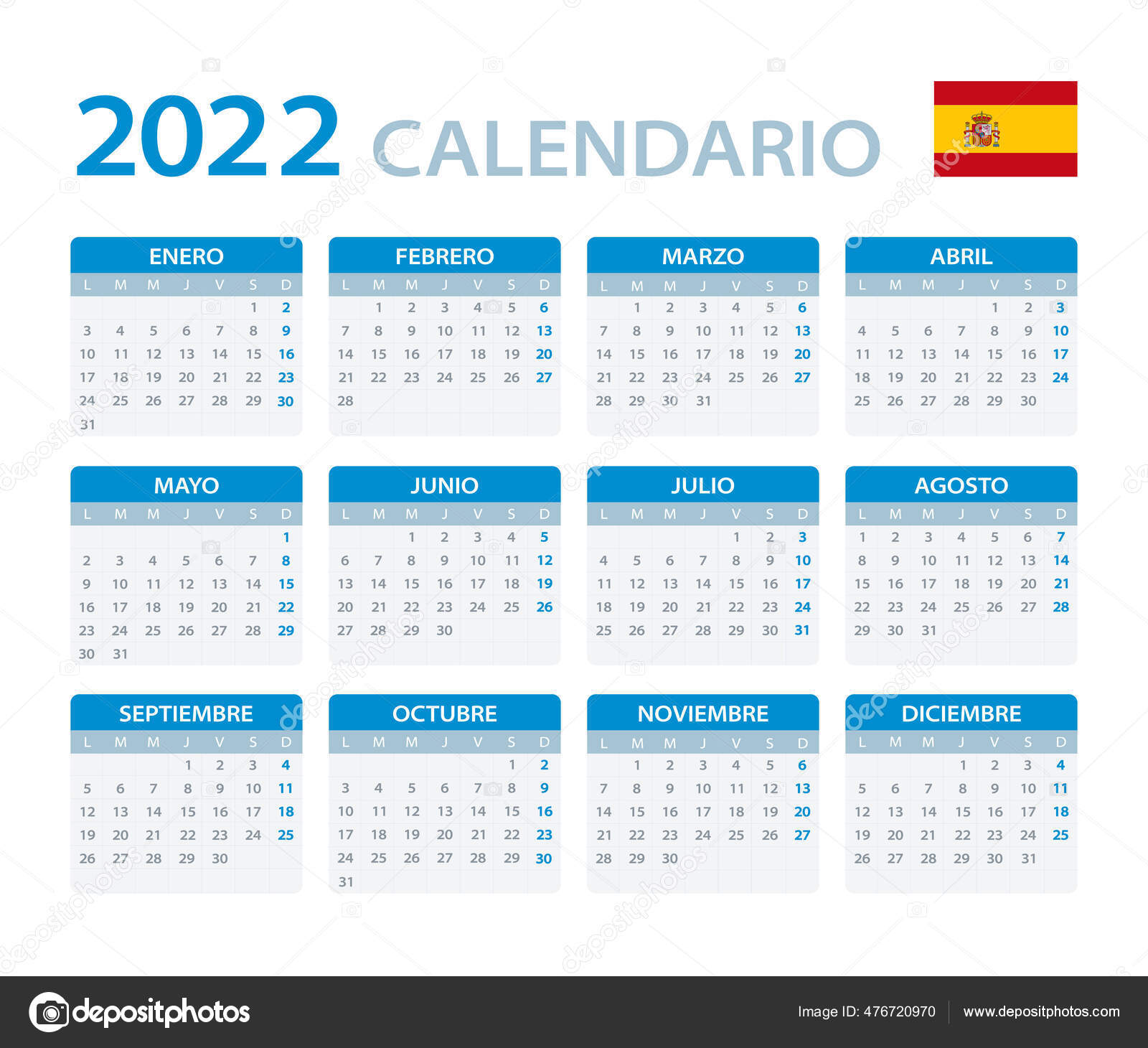 Spanish Calendar 2022 Vector Template Color 2022 Calendar Spanish Version Stock Vector Image By  ©Dikobrazik #476720970