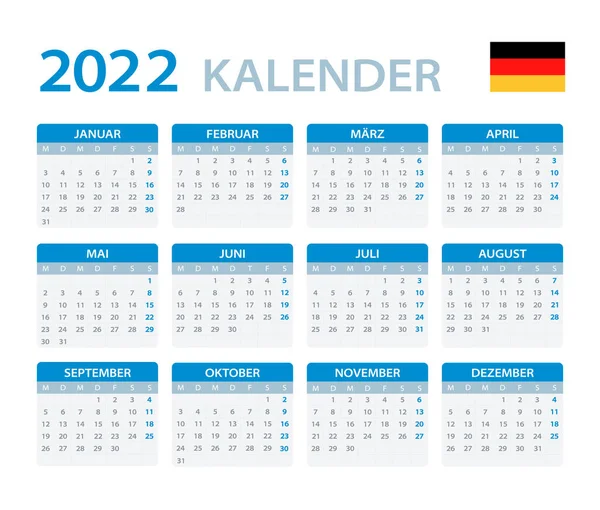 Vektorová Šablona Barevného Kalendáře 2022 Německá Verze — Stockový vektor