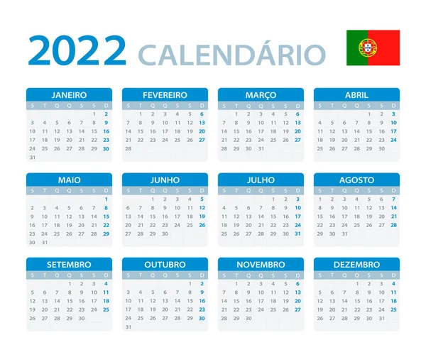 Vektorová Šablona Barevného Kalendáře 2022 Portugalská Verze — Stockový vektor