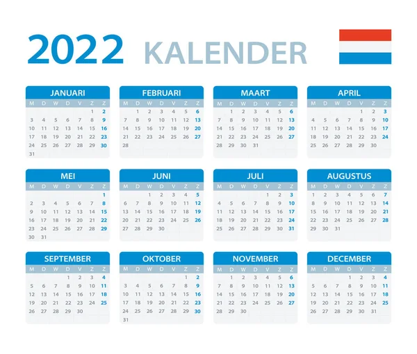 Vektorová Šablona Barevného Kalendáře 2022 Holandská Verze — Stockový vektor