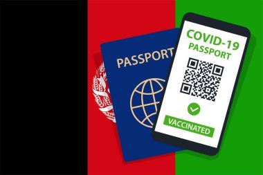 Afganistan Bayrak Arkaplanı 'nda Covid-19 pasaportu. Aşılandı. QR kodu. Akıllı telefonmuş. Bağışıklık Sertifikası. Aşılama Belgesi. Vektör illüstrasyonu