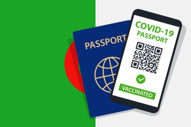 Cezayir Bayrak Arkaplanı 'nda Covid-19 Pasaportu. Aşılandı. QR kodu. Akıllı telefonmuş. Bağışıklık Sertifikası. Aşılama Belgesi. Vektör illüstrasyonu