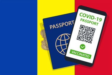 Andorra Bayrak Arkaplanı 'nda Covid-19 Pasaportu. Aşılandı. QR kodu. Akıllı telefonmuş. Bağışıklık Sertifikası. Aşılama Belgesi. Vektör illüstrasyonu