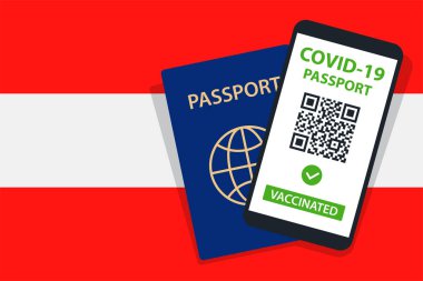 Avusturya Bayrak Arkaplanı 'nda Covid-19 Pasaportu. Aşılandı. QR kodu. Akıllı telefonmuş. Bağışıklık Sertifikası. Aşılama Belgesi. Vektör illüstrasyonu