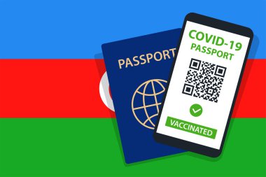 Azerbaycan Bayrak Arkaplanı 'nda Covid-19 pasaportu. Aşılandı. QR kodu. Akıllı telefonmuş. Bağışıklık Sertifikası. Aşılama Belgesi. Vektör illüstrasyonu
