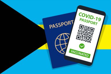 Bahamalar Bayrak Arkaplanındaki Covid-19 Pasaportu. Aşılandı. QR kodu. Akıllı telefonmuş. Bağışıklık Sertifikası. Aşılama Belgesi. Vektör illüstrasyonu