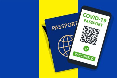 Barbados Bayrak Arkaplanı 'nda Covid-19 Pasaportu. Aşılandı. QR kodu. Akıllı telefonmuş. Bağışıklık Sertifikası. Aşılama Belgesi. Vektör illüstrasyonu