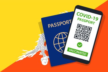 Bhutan Bayrak Arkaplanındaki Covid-19 Pasaportu. Aşılandı. QR kodu. Akıllı telefonmuş. Bağışıklık Sertifikası. Aşılama Belgesi. Vektör illüstrasyonu