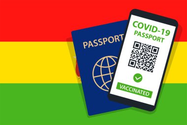 Bolivya Bayrak Arkaplanı 'ndaki Covid-19 Pasaportu. Aşılandı. QR kodu. Akıllı telefonmuş. Bağışıklık Sertifikası. Aşılama Belgesi. Vektör illüstrasyonu