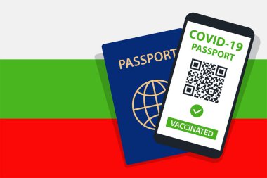 Bulgaristan Bayrak Arkaplanda Covid-19 Pasaportu. Aşılandı. QR kodu. Akıllı telefonmuş. Bağışıklık Sertifikası. Aşılama Belgesi. Vektör illüstrasyonu