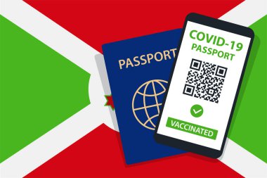 Burundi Bayrak Arkaplanı 'nda Covid-19 pasaportu. Aşılandı. QR kodu. Akıllı telefonmuş. Bağışıklık Sertifikası. Aşılama Belgesi. Vektör illüstrasyonu