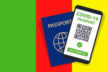 Kamerun Bayrak Arkaplanı 'ndaki Covid-19 Pasaportu. Aşılandı. QR kodu. Akıllı telefonmuş. Bağışıklık Sertifikası. Aşılama Belgesi. Vektör illüstrasyonu