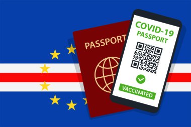 Cape Verde Bayrak Arkaplanı 'ndaki Covid-19 Pasaportu. Aşılandı. QR kodu. Akıllı telefonmuş. Bağışıklık Sertifikası. Aşılama Belgesi. Vektör illüstrasyonu