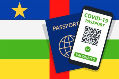 Orta Afrika Cumhuriyeti Bayrak Arkaplanı 'nda Covid-19 Pasaportu. Aşılandı. QR kodu. Akıllı telefonmuş. Bağışıklık Sertifikası. Aşılama Belgesi. Vektör illüstrasyonu