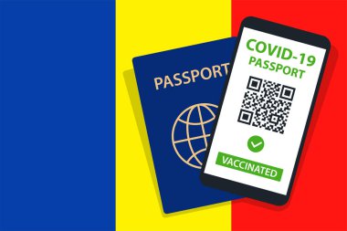 Chad Flag arka planında Covid-19 pasaport. Aşılandı. QR kodu. Akıllı telefonmuş. Bağışıklık Sertifikası. Aşılama Belgesi. Vektör illüstrasyonu