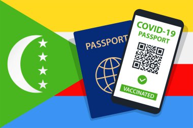 Covid-19 Pasaportu Komoros Bayrak Arkaplanı 'nda. Aşılandı. QR kodu. Akıllı telefonmuş. Bağışıklık Sertifikası. Aşılama Belgesi. Vektör illüstrasyonu