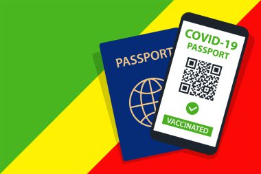Kongo Bayrak Arkaplanı 'nda Covid-19 Pasaportu. Aşılandı. QR kodu. Akıllı telefonmuş. Bağışıklık Sertifikası. Aşılama Belgesi. Vektör illüstrasyonu