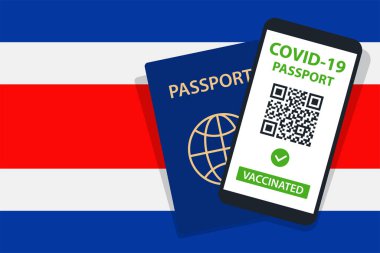 Kosta Rika Bayrak Arkaplanı 'nda Covid-19 Pasaportu. Aşılandı. QR kodu. Akıllı telefonmuş. Bağışıklık Sertifikası. Aşılama Belgesi. Vektör illüstrasyonu