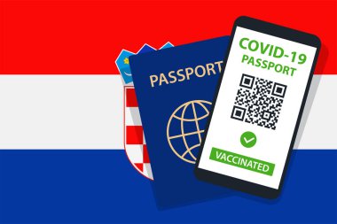 Hırvatistan Bayrak Arkaplanda Covid-19 Pasaportu. Aşılandı. QR kodu. Akıllı telefonmuş. Bağışıklık Sertifikası. Aşılama Belgesi. Vektör illüstrasyonu