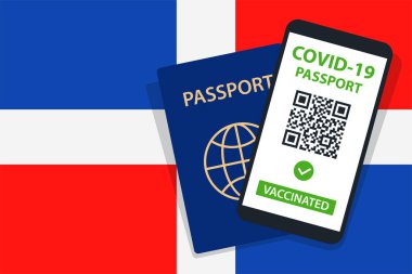 Dominik Cumhuriyeti Bayrak Arkaplanı 'nda Covid-19 pasaportu. Aşılandı. QR kodu. Akıllı telefonmuş. Bağışıklık Sertifikası. Aşılama Belgesi. Vektör illüstrasyonu