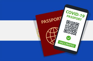 El Salvador Bayrak Arkaplanı 'ndaki Covid-19 Pasaportu. Aşılandı. QR kodu. Akıllı telefonmuş. Bağışıklık Sertifikası. Aşılama Belgesi. Vektör illüstrasyonu